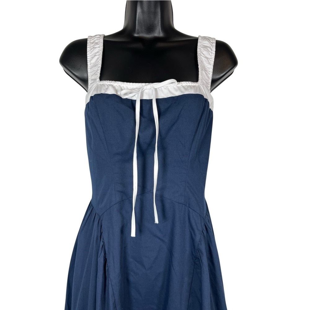 New MOON RIVER Sz M Dress Midi Navy White Bow Basque Smocked Back Tuckernuck NWT - Picture 2 of 12